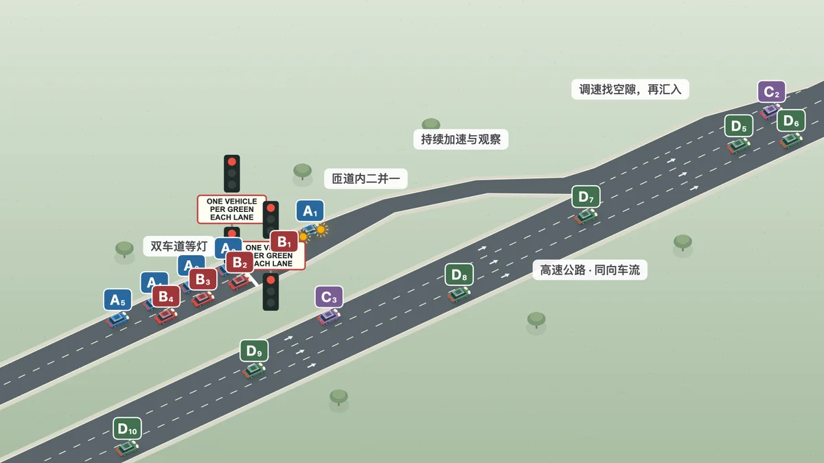KeepLeft 高速匝道控制灯动画截图。示例为每车道每次绿灯一辆的放行方式。