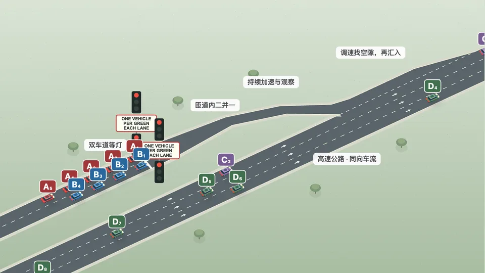 高速匝道控制灯：每次绿灯过几辆动画第3秒画面
